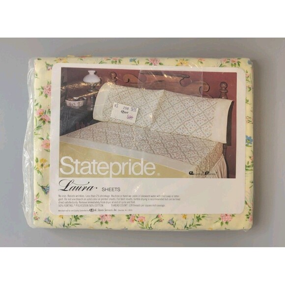 VTG NOS Statepride Twin Flat Bed Sheet Floral Yellow Pink Blue Scalloped Edge - Picture 3 of 6